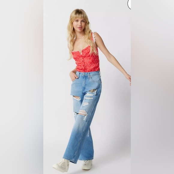 Wrangler X Fender Destroyed Loose Mom Jeans Pants 90s Western Festival Ripped 29 - Picture 1 of 14